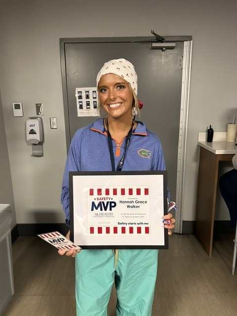 Hannah Grace Walker, RN, a nurse in the operating room, was named Safety MVP for the quarter at University Hospital.