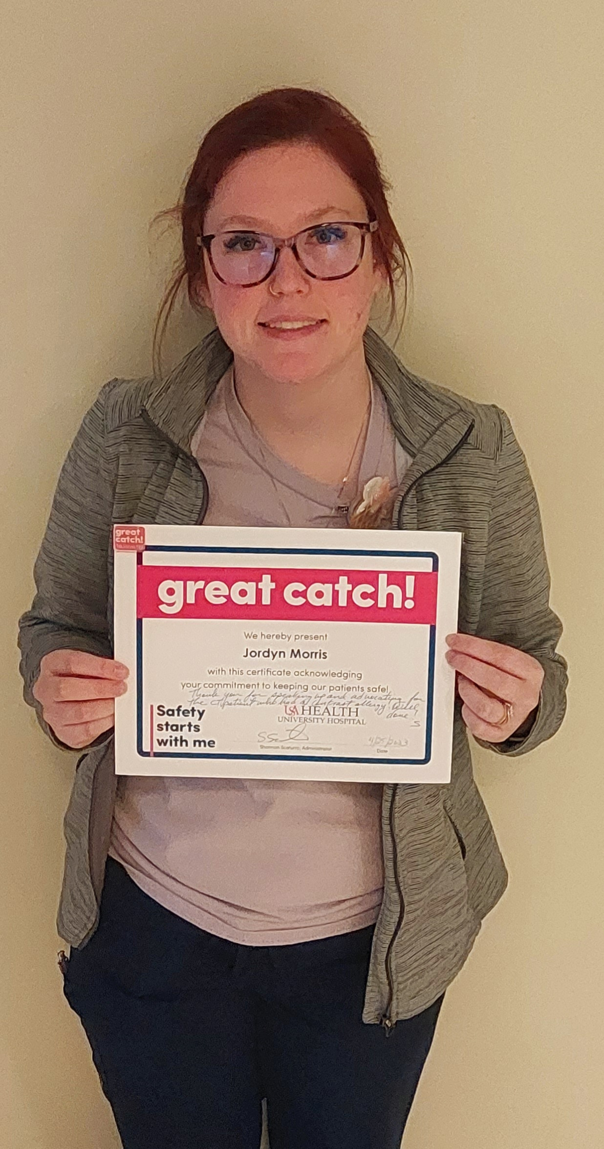 Jordyn Morris, CT technologist, won two Great Catches during the month.