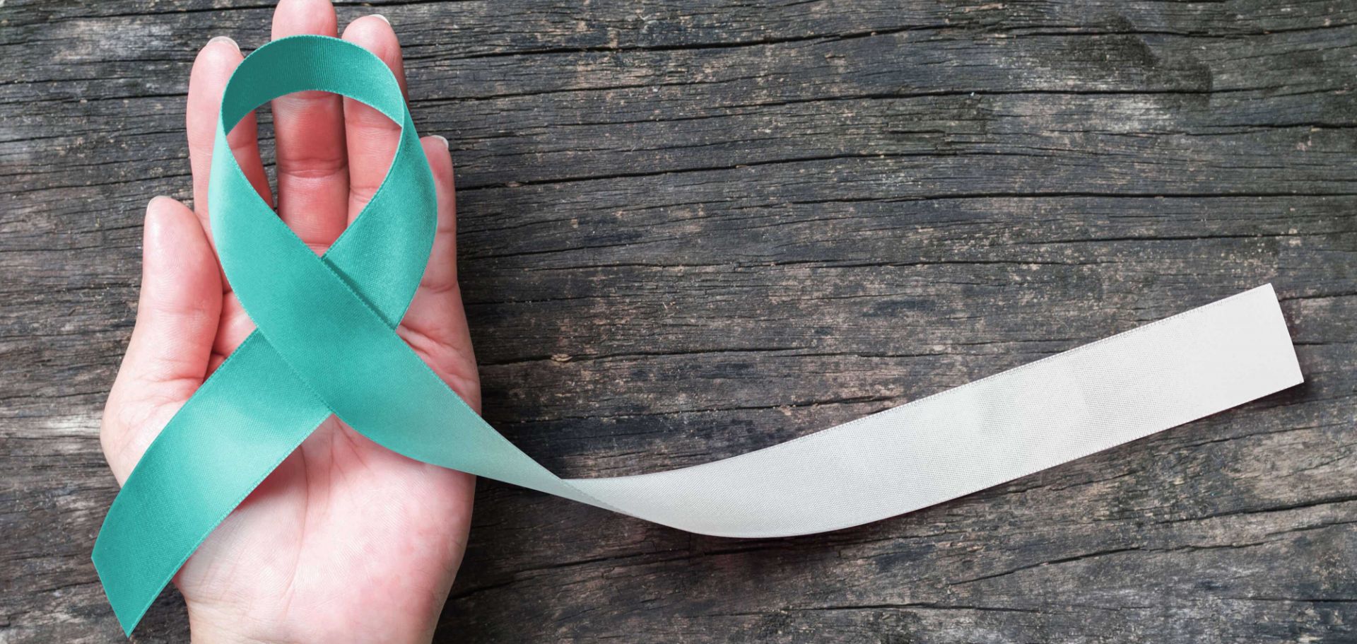 A hand holds a teal and white ribbon