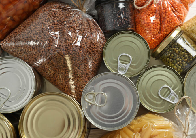 Food donations including canned goods and dried beans