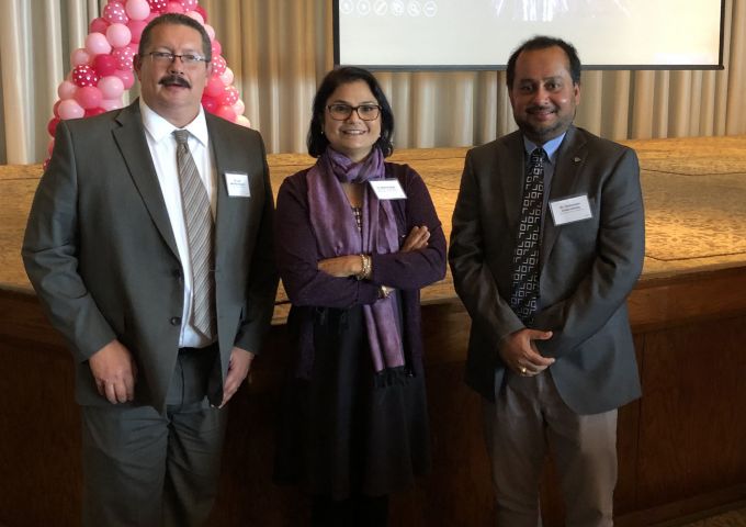 Pathology faculty members from the University of South Alabama, from left, Luis del Pozo-Yauner, M.D., Ph.D.; Debanjan Chakroborty, Ph.D.; and Seema Singh, Ph.D., were awarded grants from the Breast Cancer Research Foundation of Alabama at a luncheon in early December.